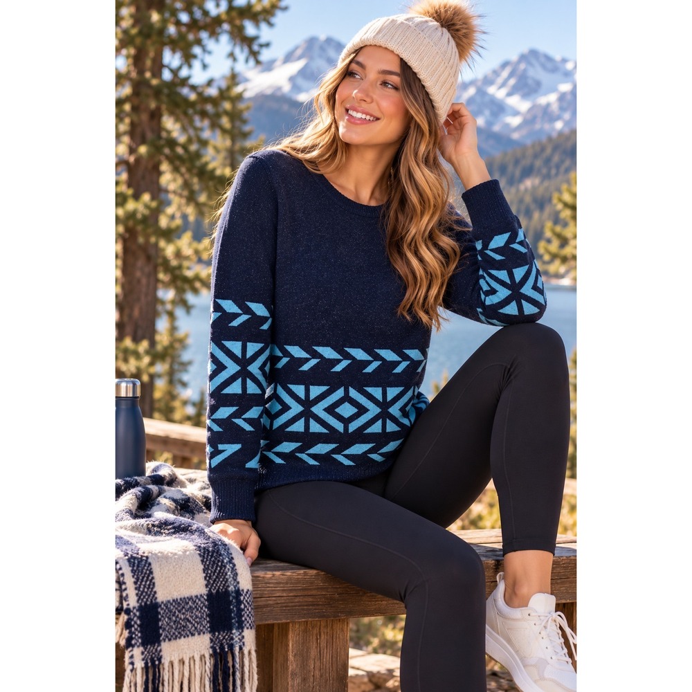 TITLE NINE Por Vida Silk Wool Sweater Navy Turquoise Geometric Raglan Medium